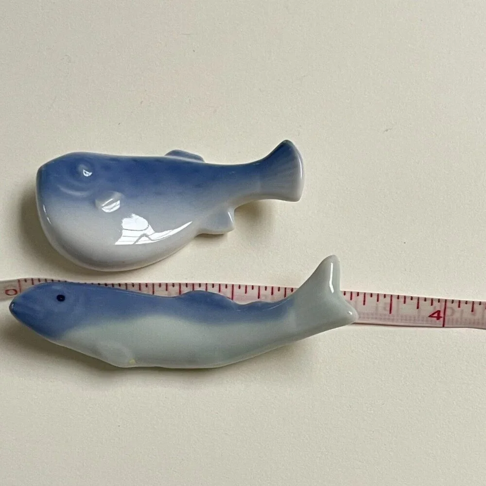 Blue Ceramic Fish Mini‎ Figurines Chopstick Rest Blue White Decor Beach